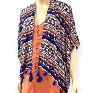 Multicolor Tribal Striped Tassel Trim Mid-Length Kimono Cardigan NEW